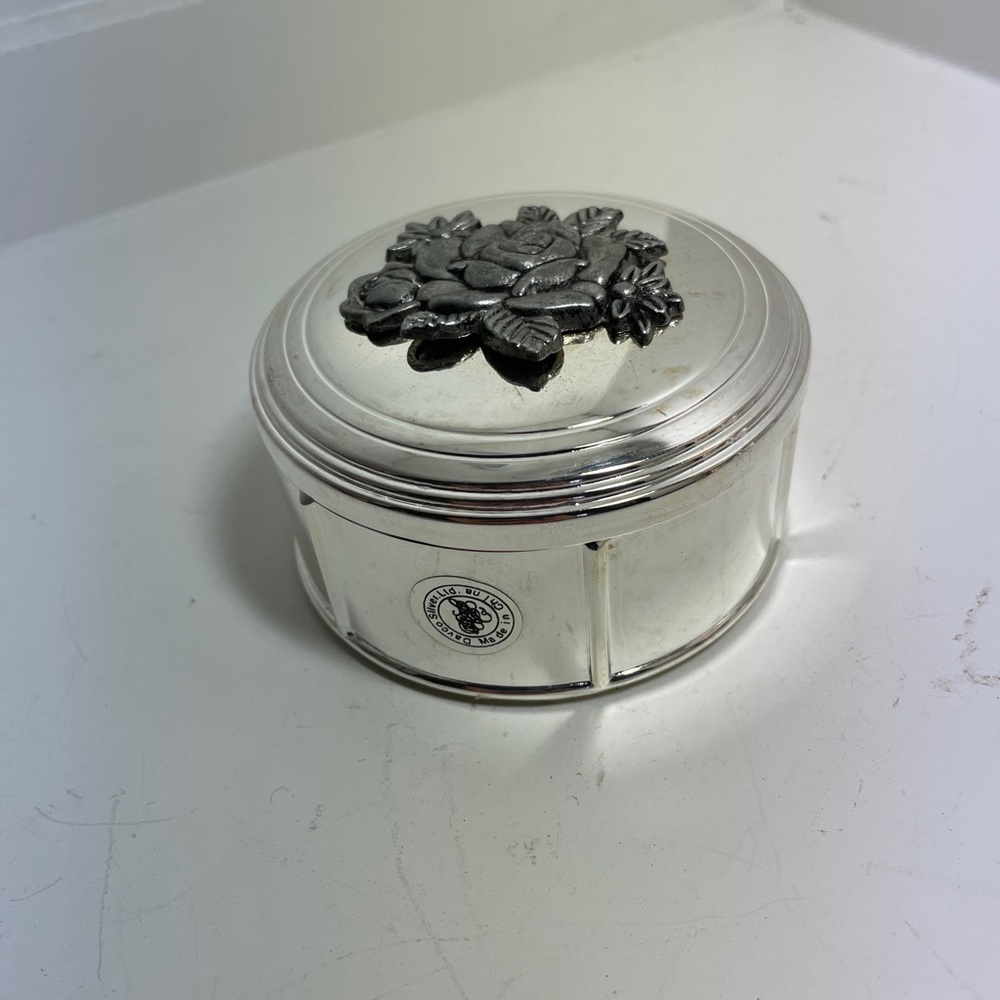 Davco Silver Plated Round Jewelry/Trinket Box Flowered 3” D Line W Red Velvet